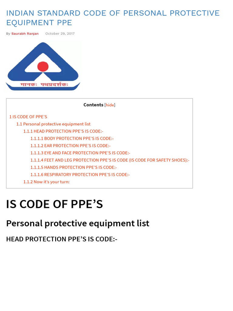 (Full List) Indian Stranded Code of Personal Protective Equipment Ppe ...
