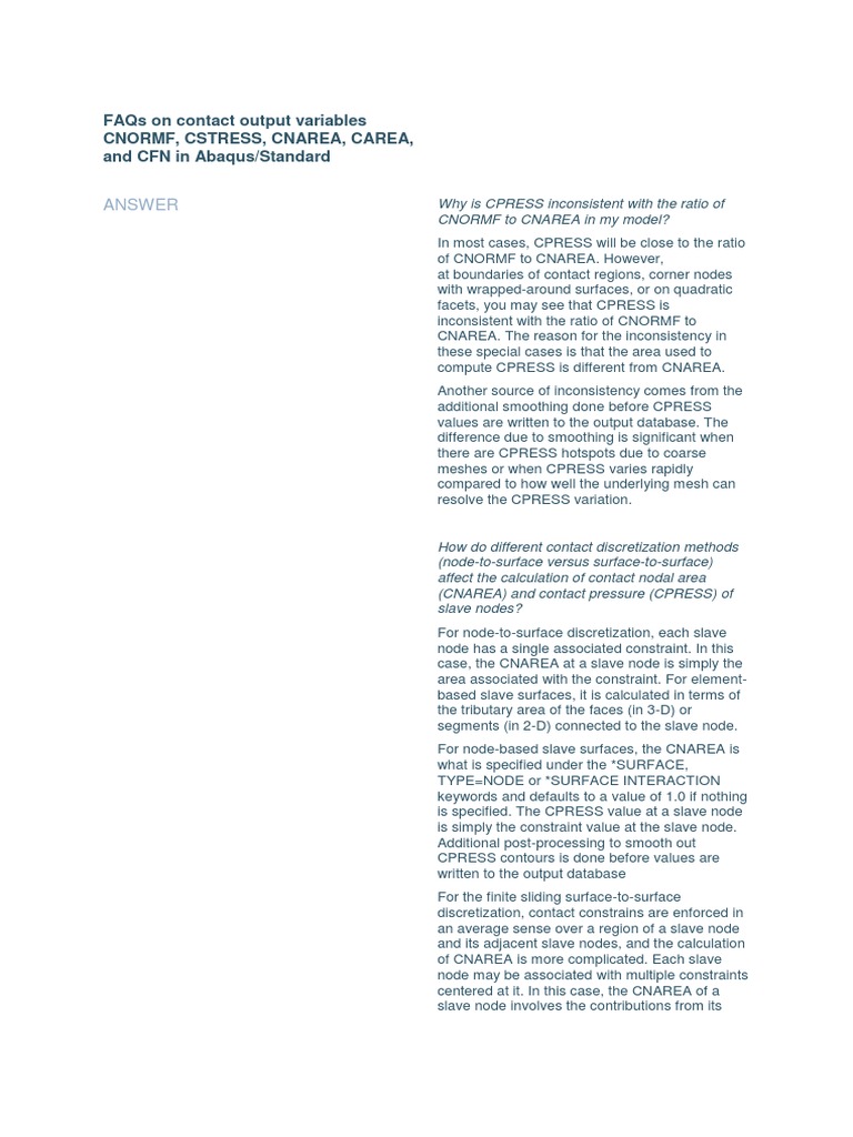 FAQs On Contact Output Variables CNORMF PDF Applied Mathematics