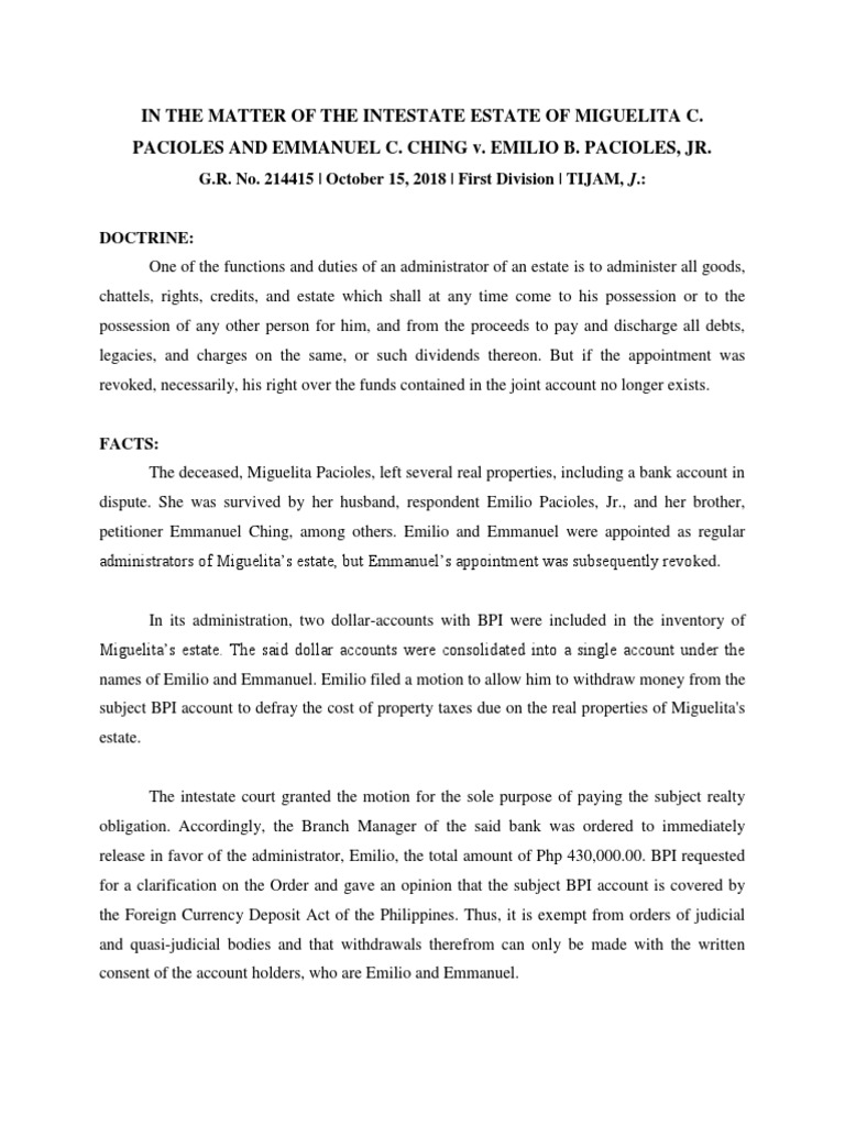 Sample Digest | PDF | Deposit Account | Intestacy