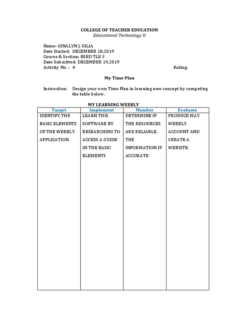 My Time Plan for Learning Weebly | PDF | Career & Growth