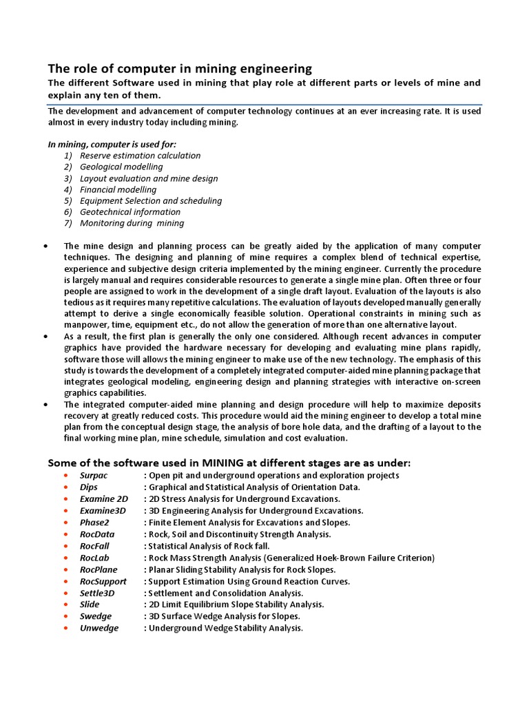 Computer Software in Mining Engineering | PDF | Strength Of Materials ...