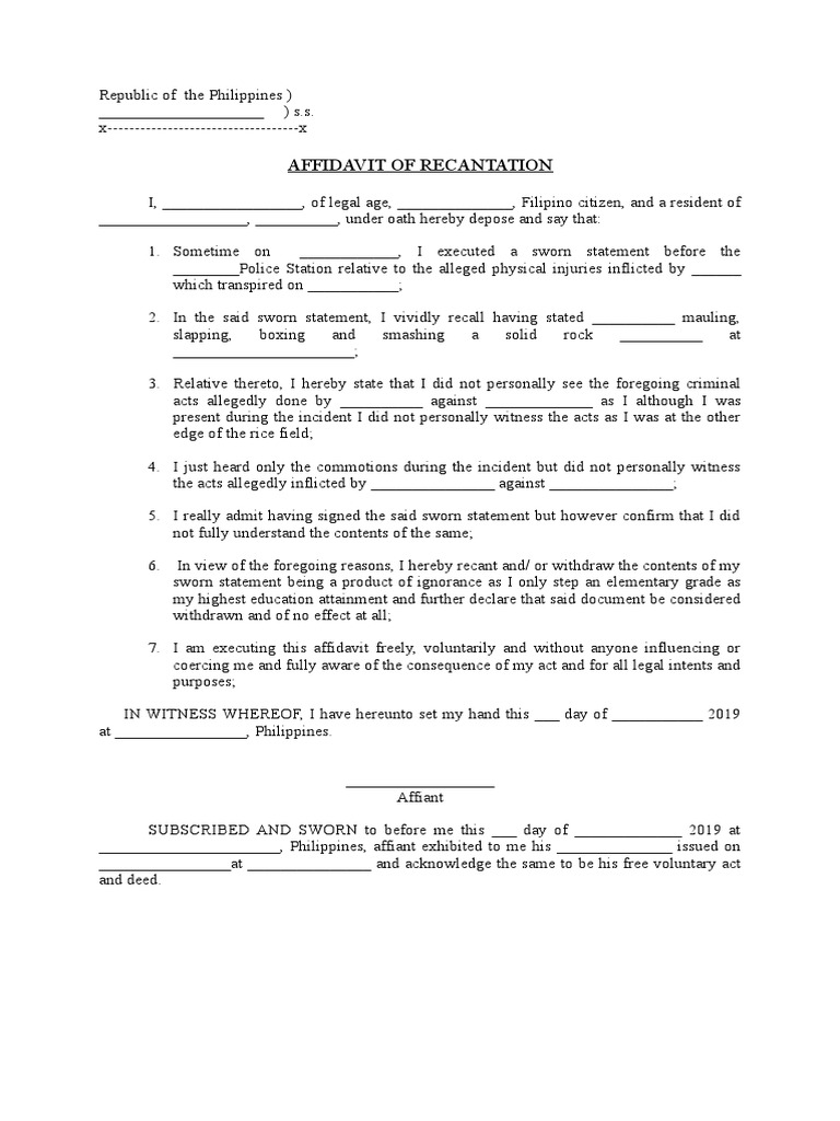 Affidavit of Recantation Sample | PDF | Law