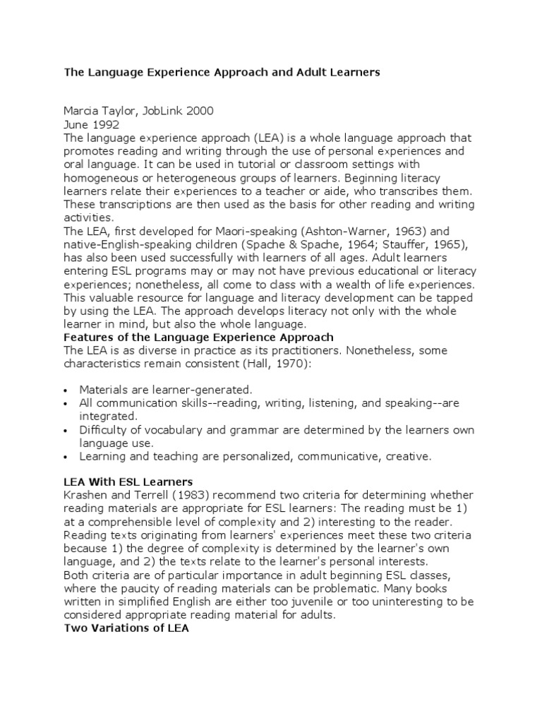The Language Experience Approach and Adult Learners | PDF | Literacy ...