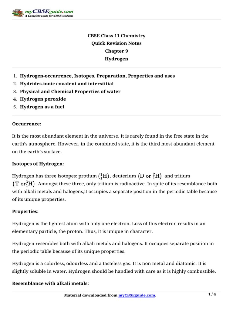11 Chemistry Notes ch09 Hydrogen PDF | PDF | Hydride | Hydrogen