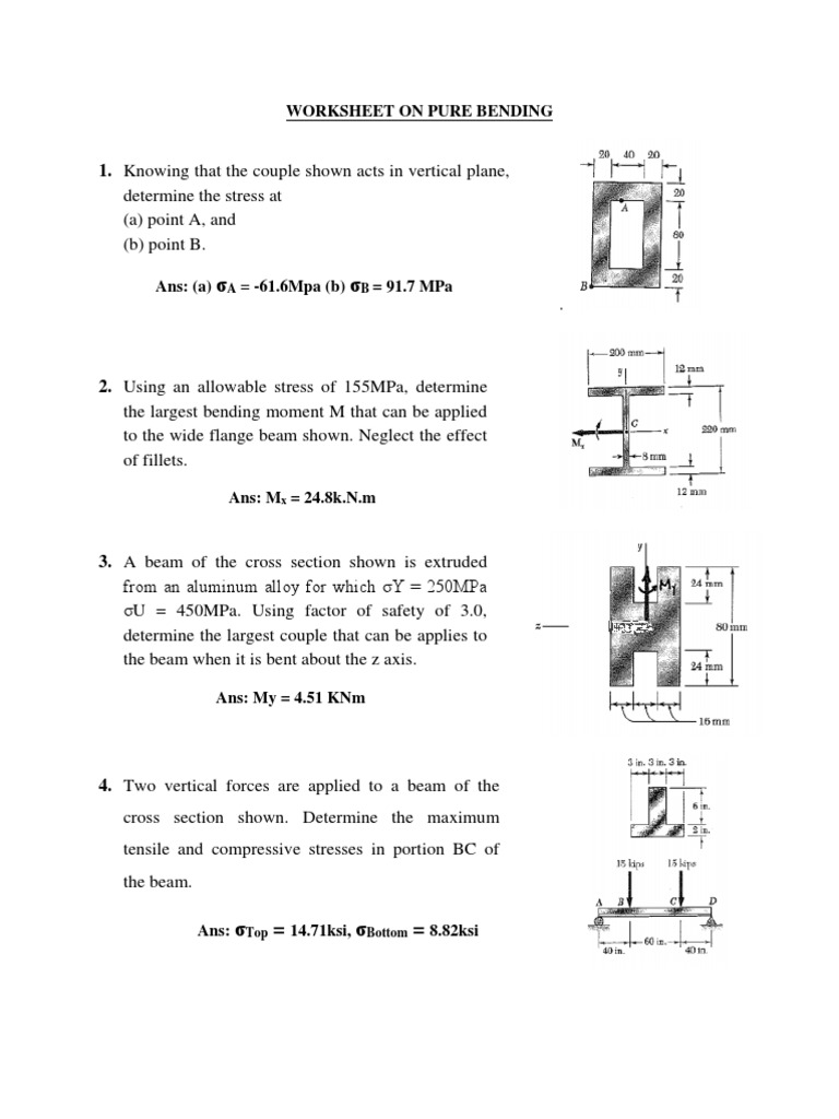 Pure Bending Stress Worksheet | PDF | Science & Mathematics