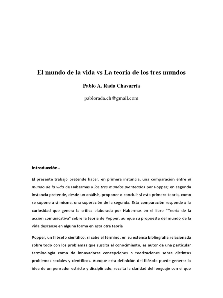 Ensayo El Mundo de La Vida Vs La Teoría de Los Tres Mundos PDF Karl Popper Subjetividad