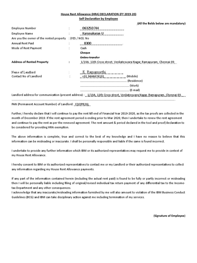 Employee Declaration of Annual House Rent Allowance for Tax Exemption