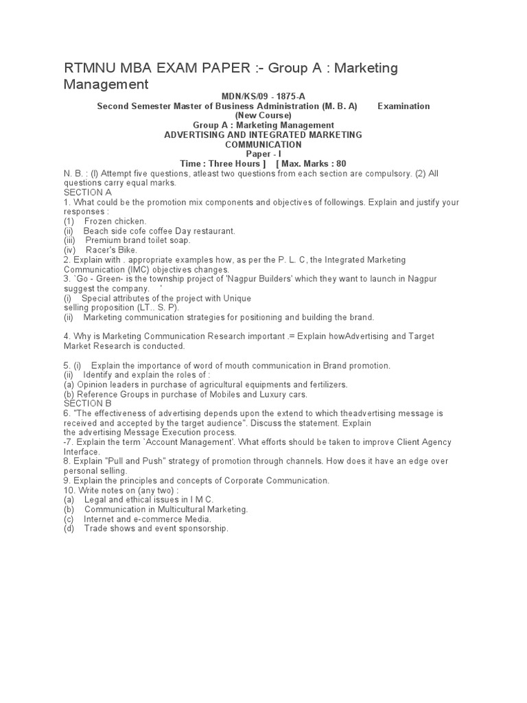Marketing Mba Exam Paper | PDF | Master Of Business Administration ...