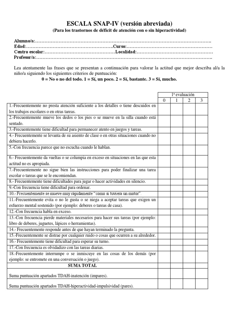 Escala Snap VI | PDF | Desorden hiperactivo y deficit de atencion