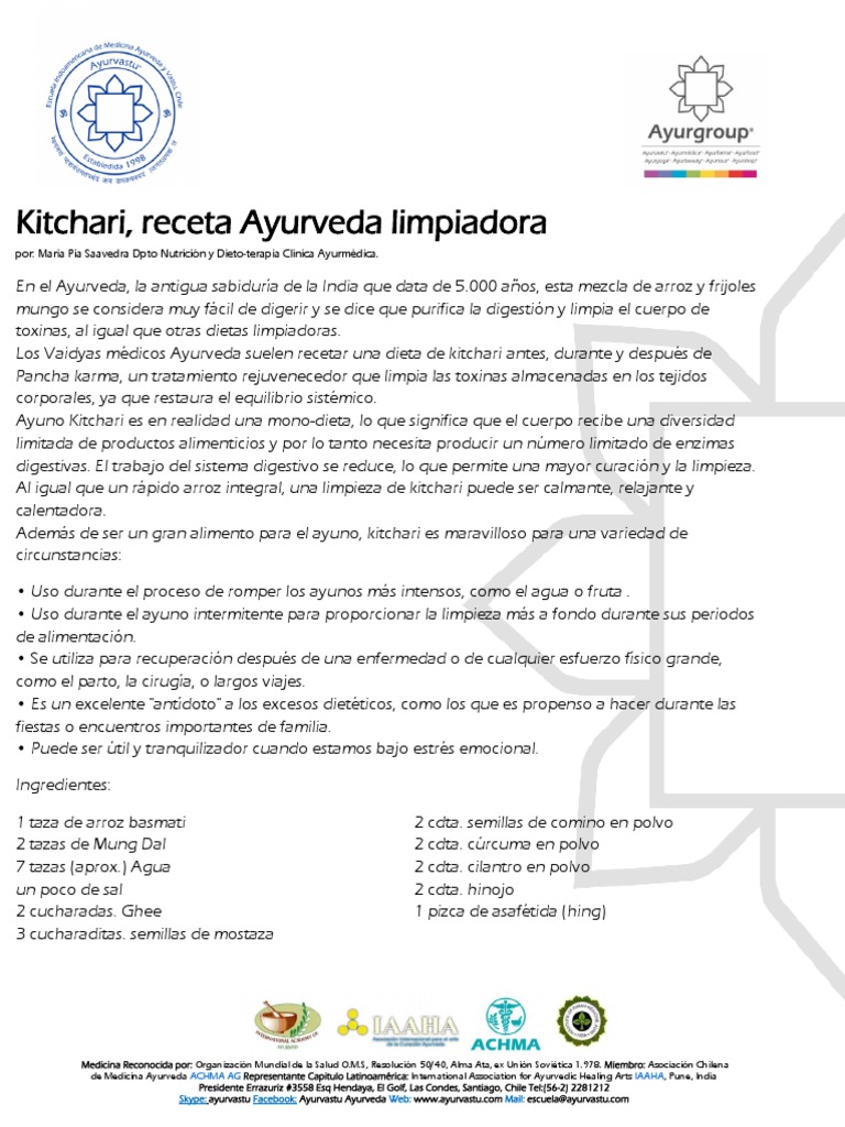 Kitchari, Receta Ayurveda Limpiadora Por Maria Pía Saavedra PDF
