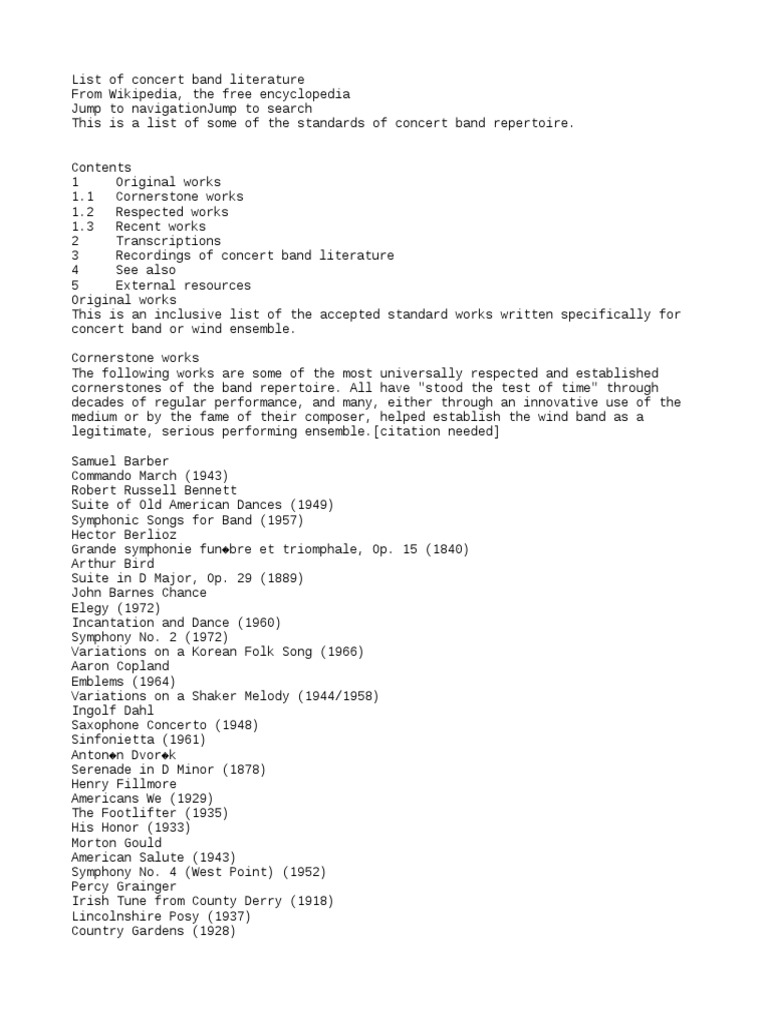List of Repertoire For Band Symphony PDF Symphony Orchestras