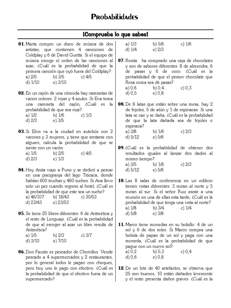 Ejercicios de Probabilidad para Secundaria | PDF | Enseñanza de matemática