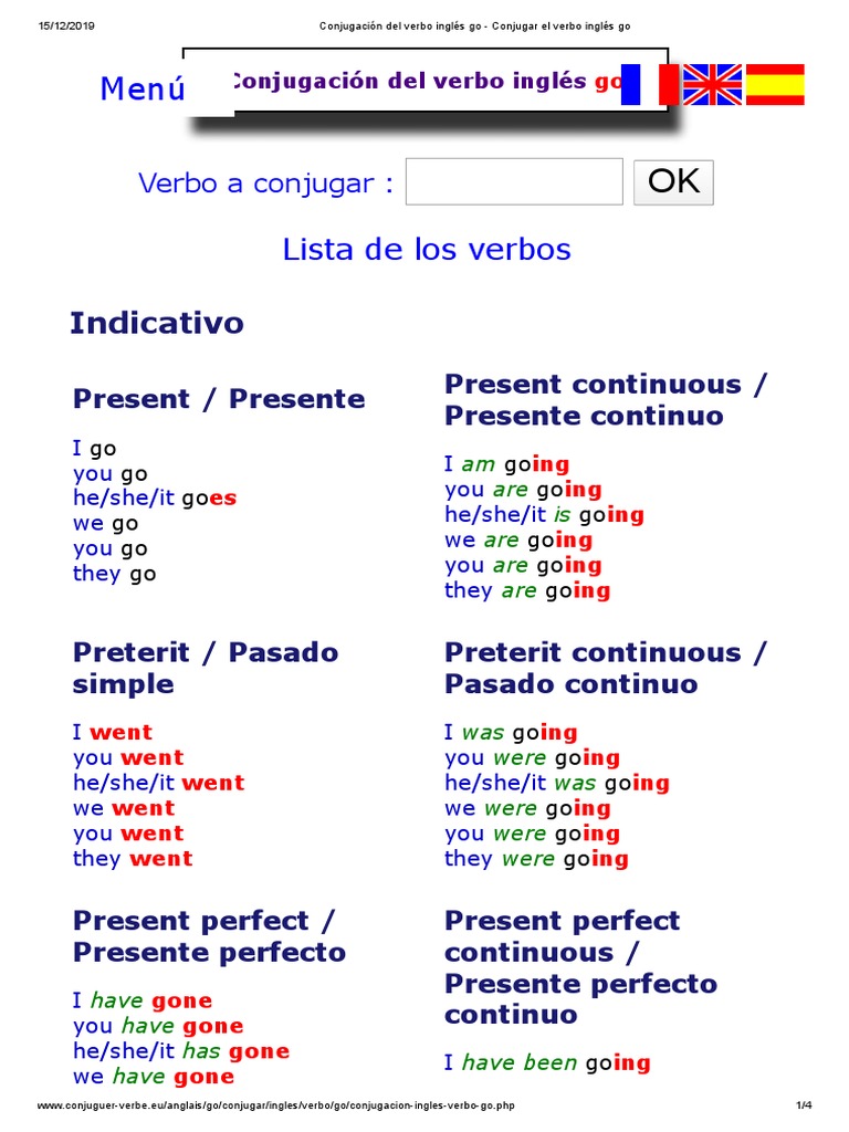 Conjugación del verbo inglés go Conjugar el verbo inglés