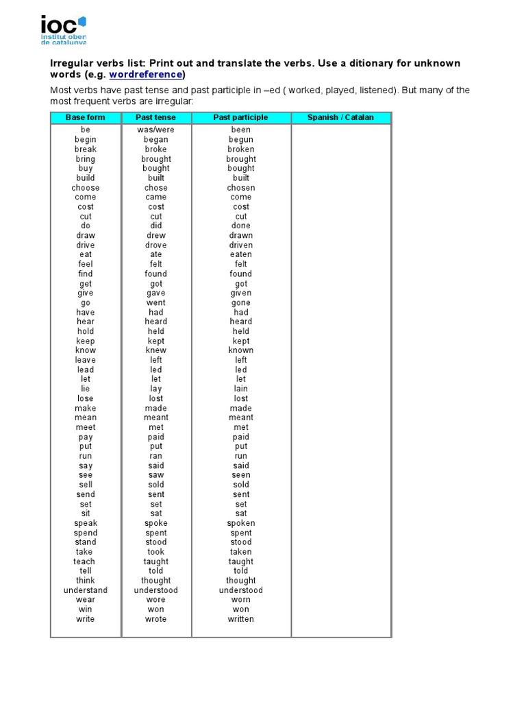 Irregular Verbs List Translate Pdf Verb Morphology