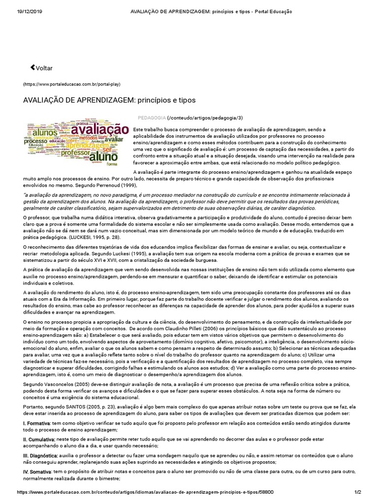 Princípios e Tipos de Avaliação Educacional | PDF | Aprendizado | Teste ...