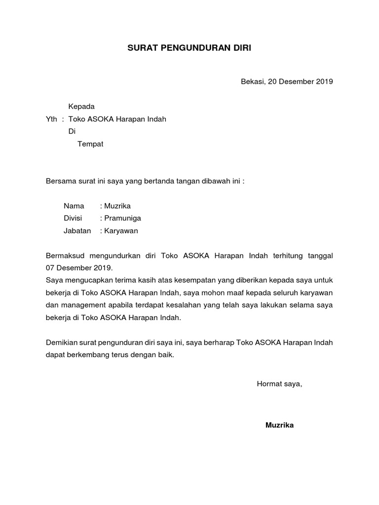 Contoh Surat Pengunduran Diri