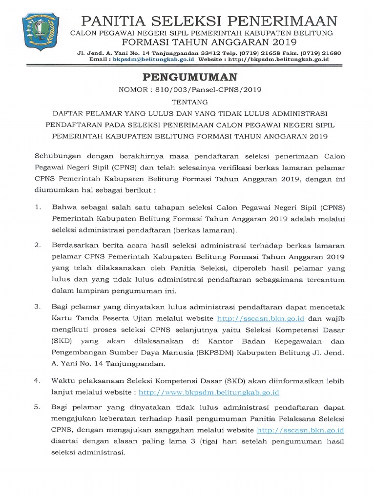 9692e Pengumuman Seleksi Administrasi