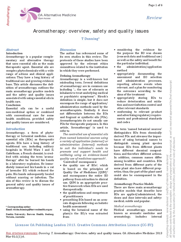 Aromatherapy Overvew, Safety and Quality Issues PDF Aromatherapy