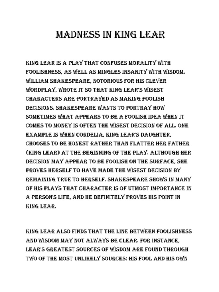 Madness and Wisdom in King Lear PDF King Lear Jester