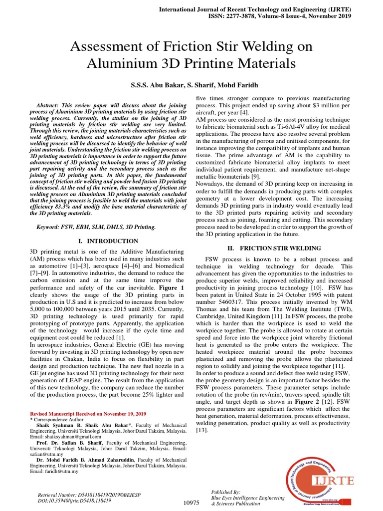 Assessment of Friction Stir Welding On Aluminium 3D Printing Materials ...