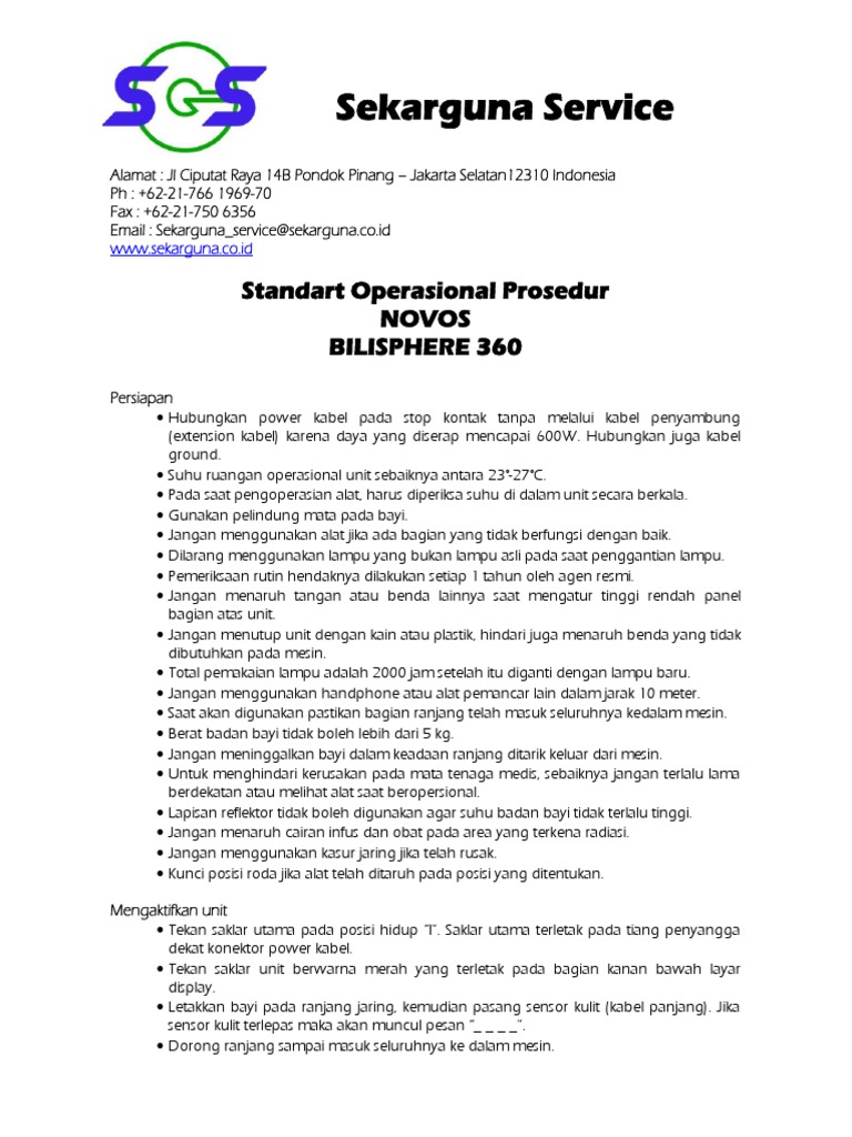 SOP Fototerapi Novos Bilisphere 360 | PDF