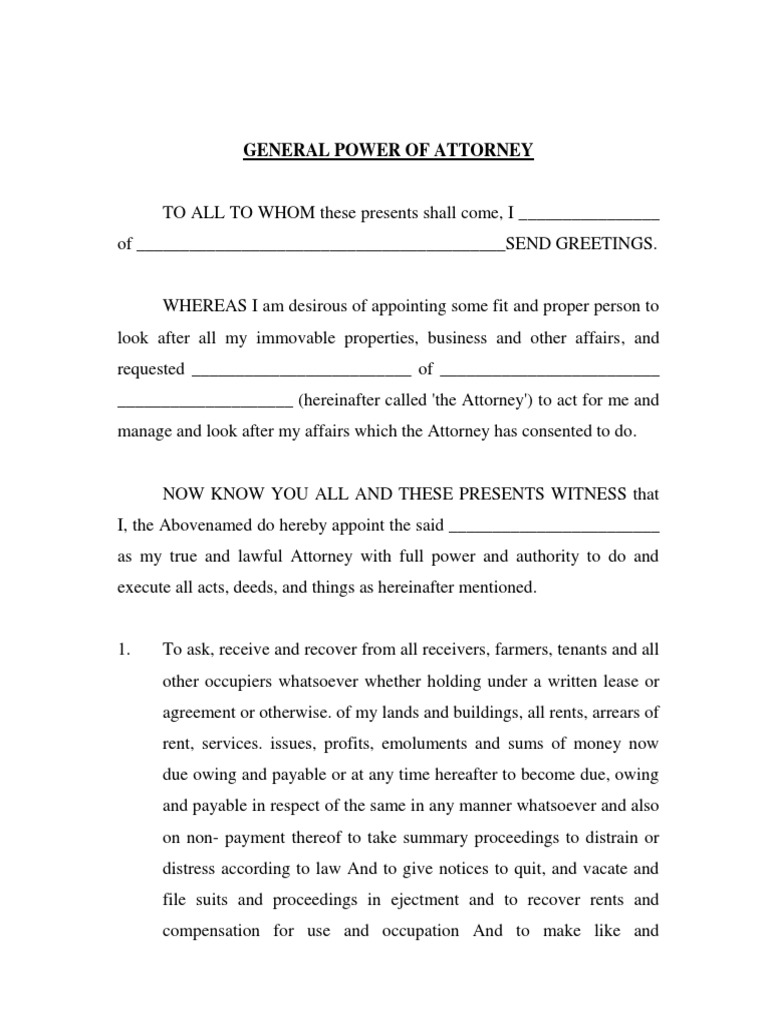 Sample General Power of Attorney For Buying Property in India For