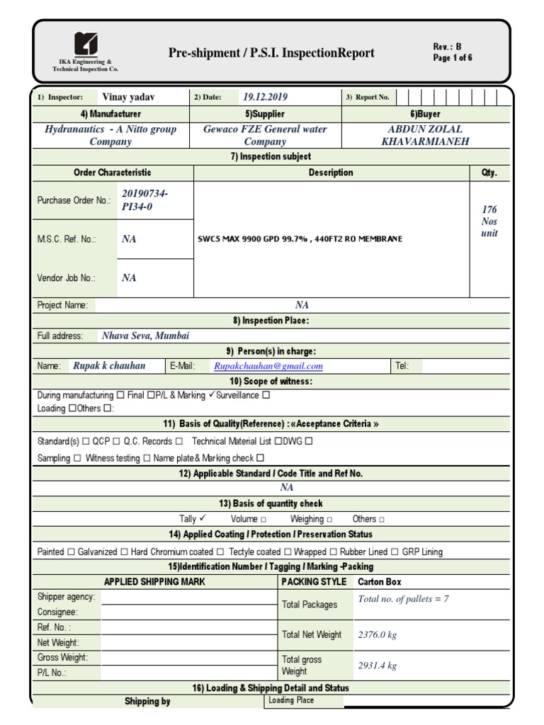 Inspection Report FORMAT Freight Transport Supply Chain Management