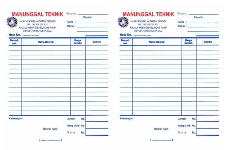 Contoh Nota Bengkel Mobil
