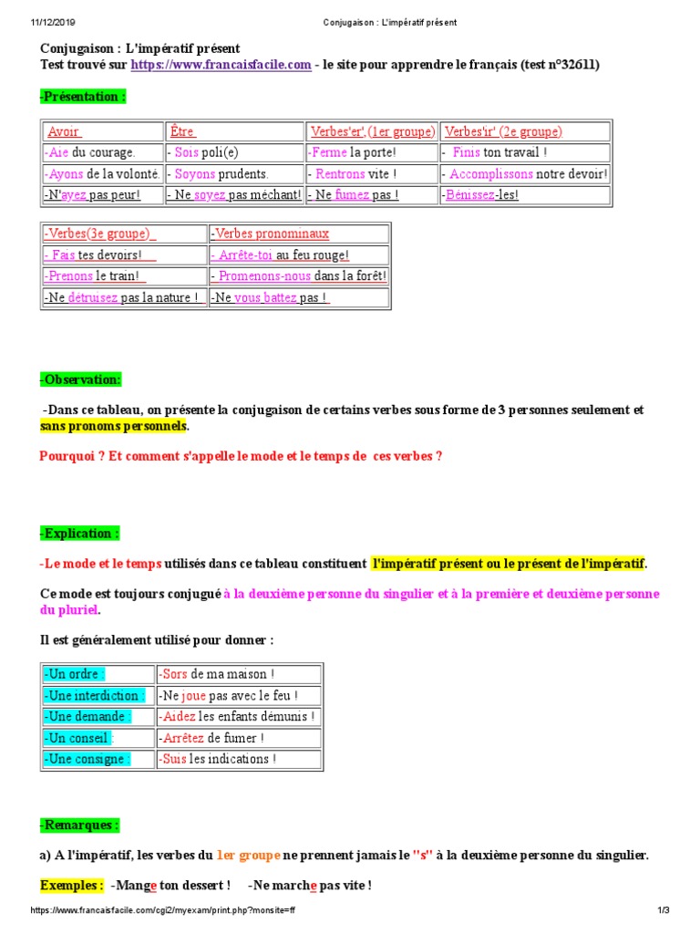 Impératif Des Verbes Du 1er Groupe Conjugaison - L'impératif Présent | PDF | Verbe | Nombre grammatical