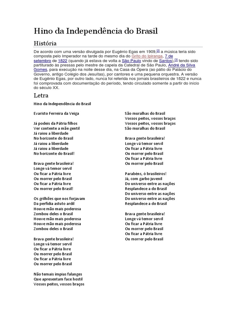 Letra do Hino da Independência do Brasil | PDF | Brasil