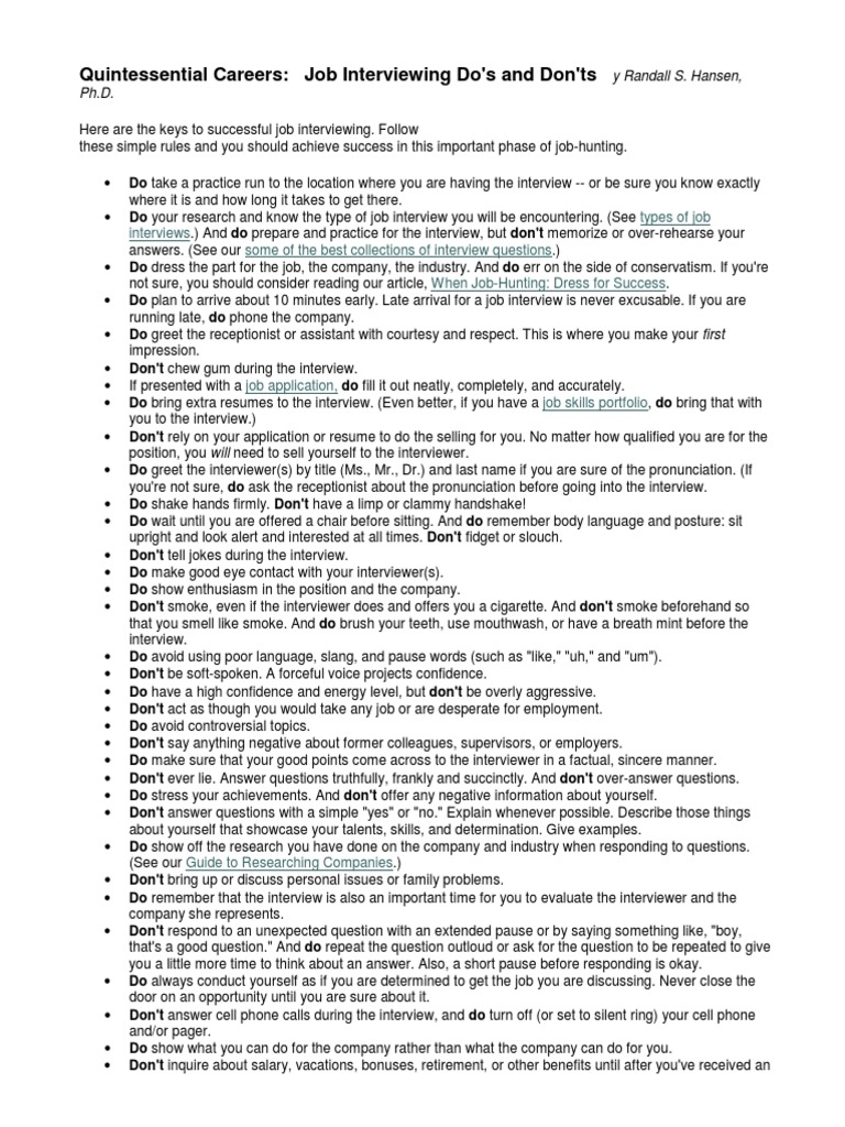 Job Interview Dos Donts Pdf Job Interview Interview