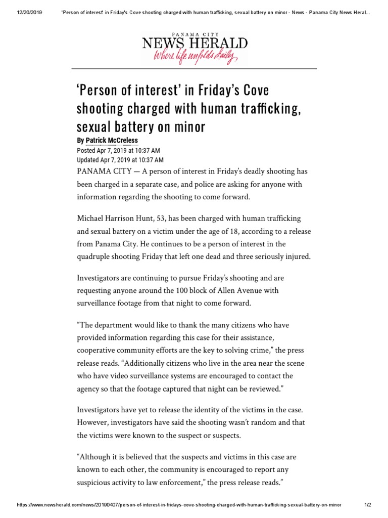 'Person of Interest' in Friday's Cove Shooting Charged With Human Trafficking, Sexual Battery On