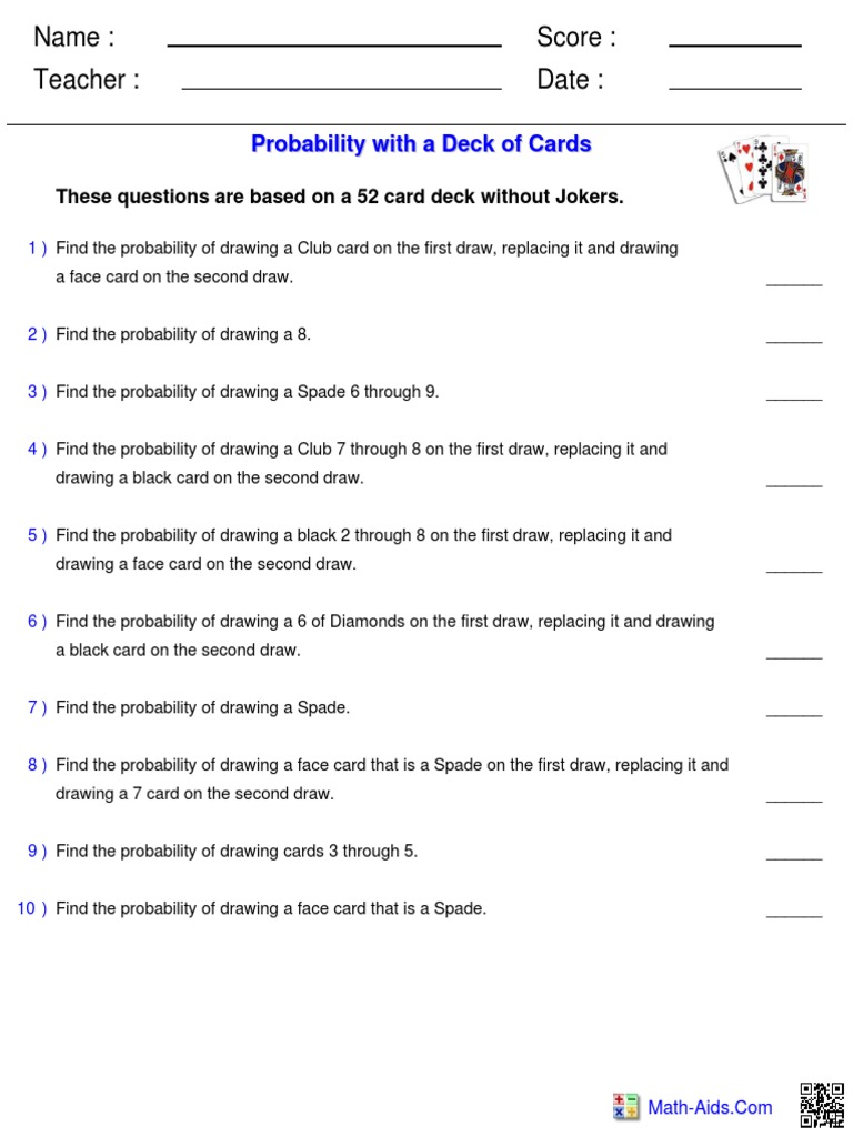 mtg probability of drawing a card with Deck Cards Worksheet | PDF | Playing Cards Probability for drawing at least