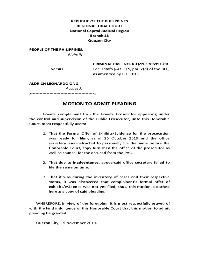 Josephine Lee - Motion To Admit Pleading | PDF | Prosecutor ...