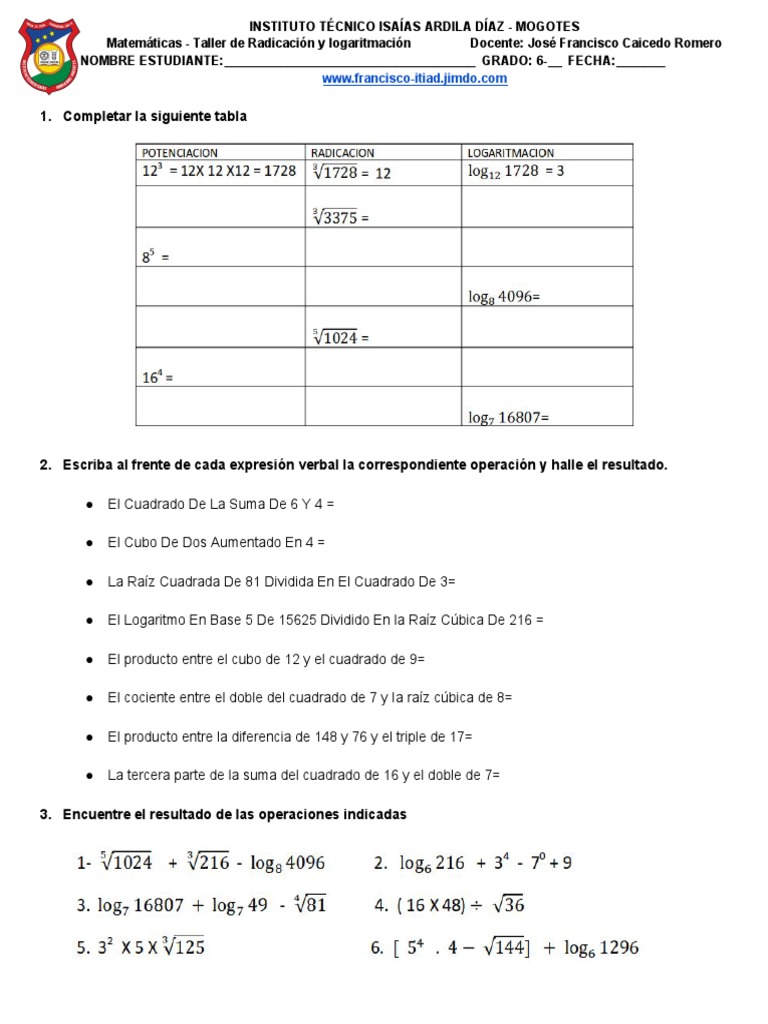 Taller radicacion potenciacion logaritmacion