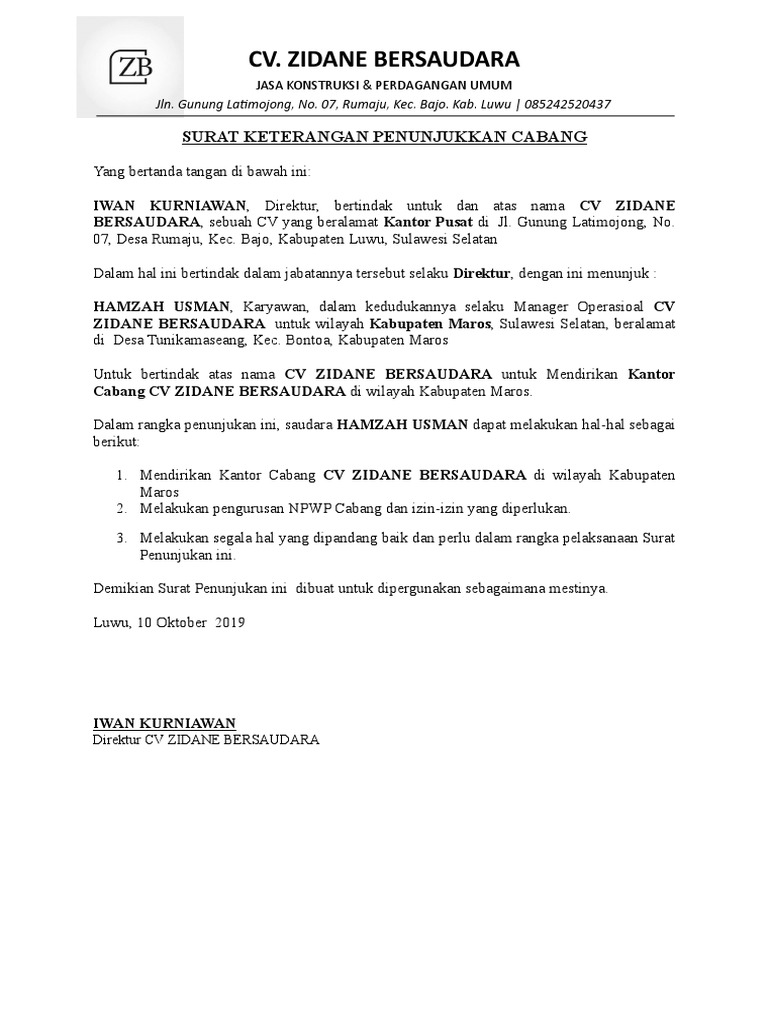 Surat Penunjukan Kepala Cabang Guru Paud