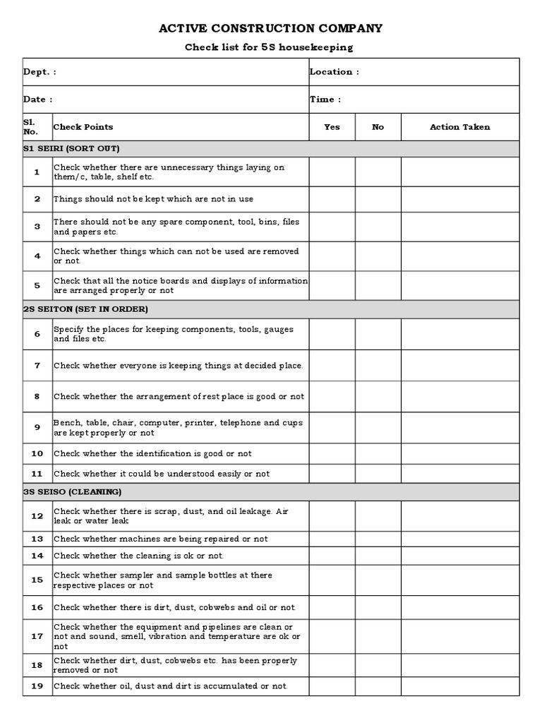 5S Housekeeping Checklist & Feedback Form | PDF | Housekeeping | Nature