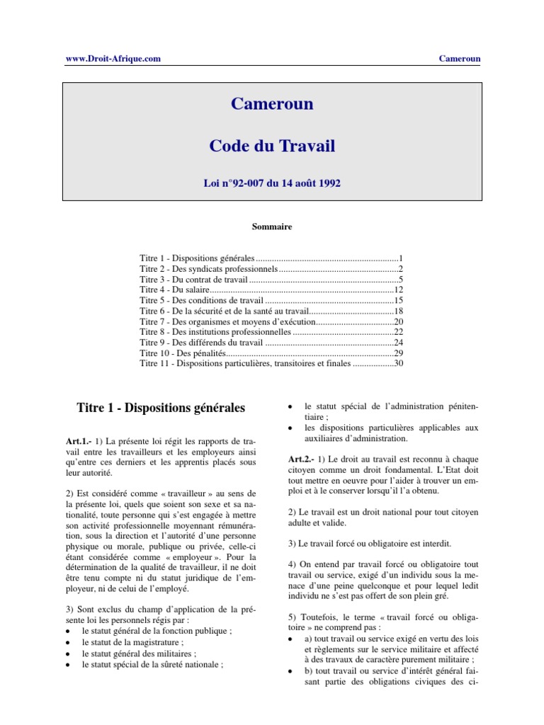 Cameroun  Code Du Travail  Statuts  Salaires