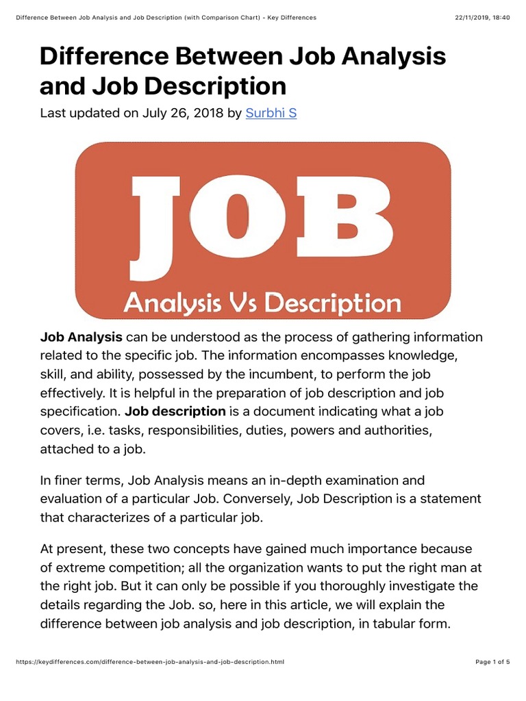 Difference Between Job Analysis and Job Description PDF Employment