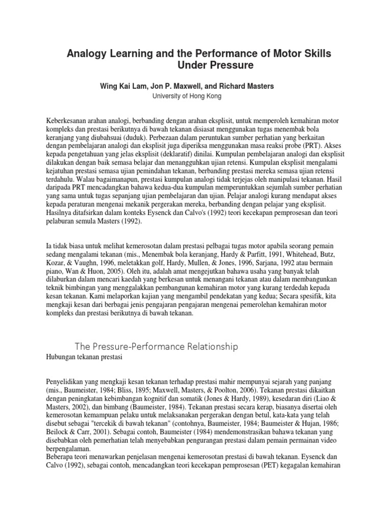 Analogy Learning and The Performance of Motor Skills Under Pressure | PDF