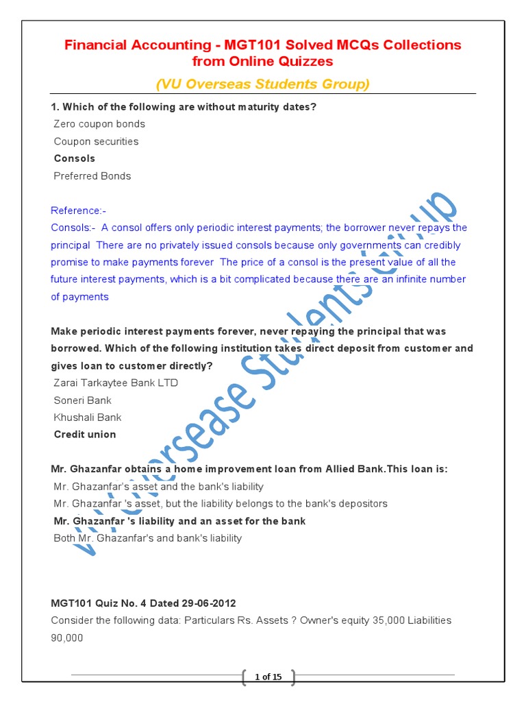 MGT101 Financial Accounting MCQs Guide | PDF | Debits And Credits ...