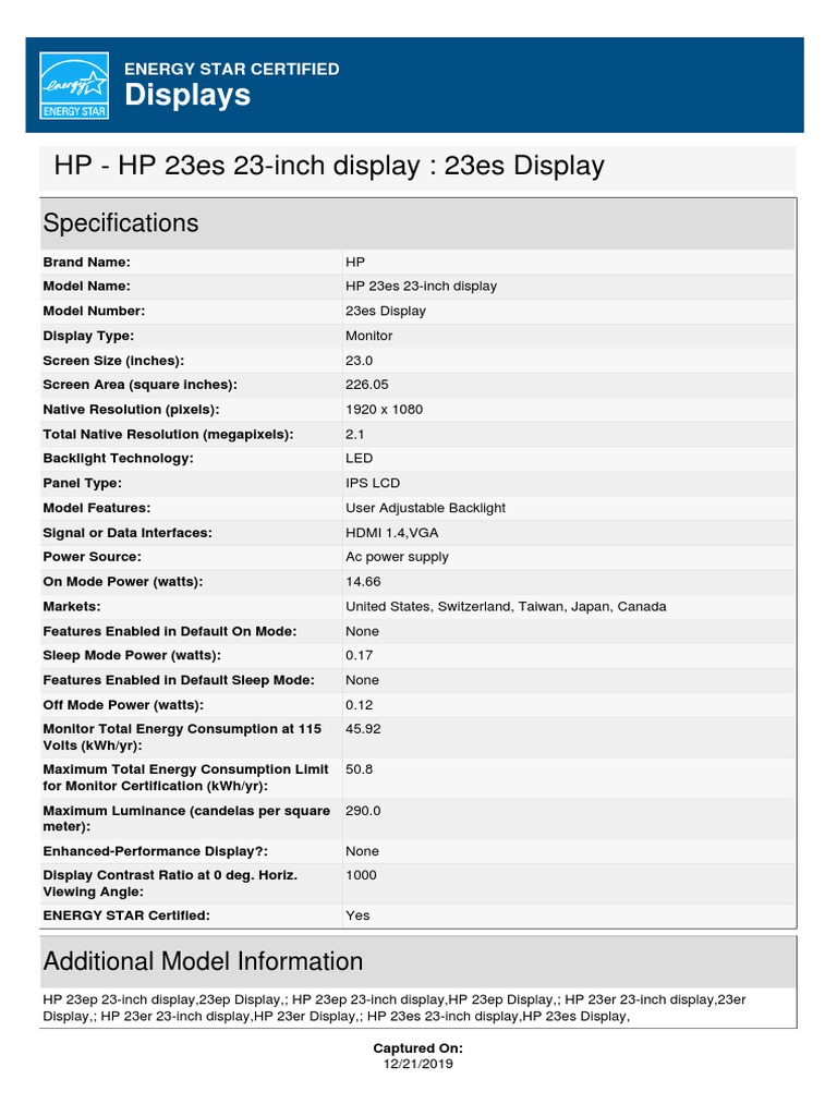 HP 23es 23-Inch Monitor Specs | PDF | Computers
