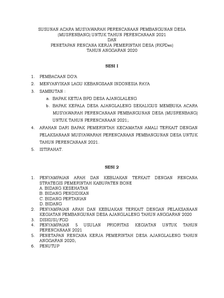 Susunan Acara Musyawarah Desa 2019