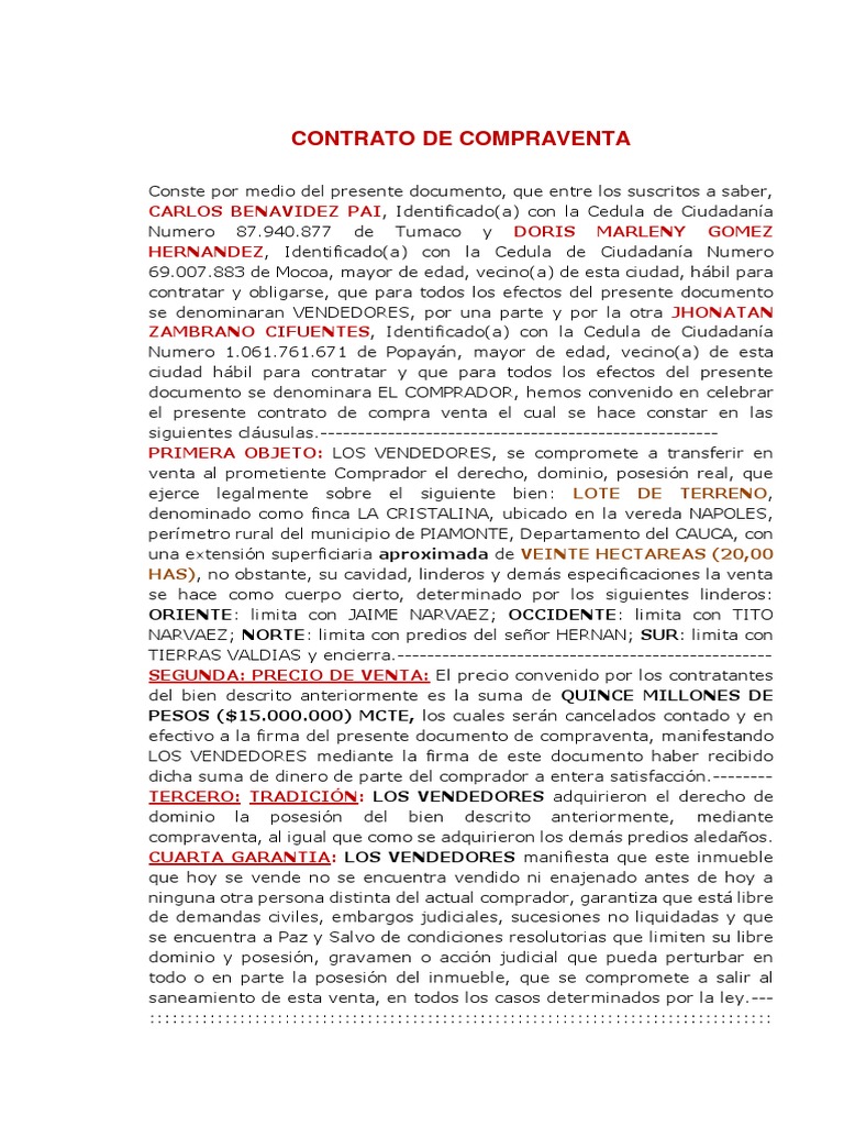 Excelente Formato Contrato de Compraventa Terreno Rural | PDF | Derecho  civil (sistema legal) | Información del gobierno