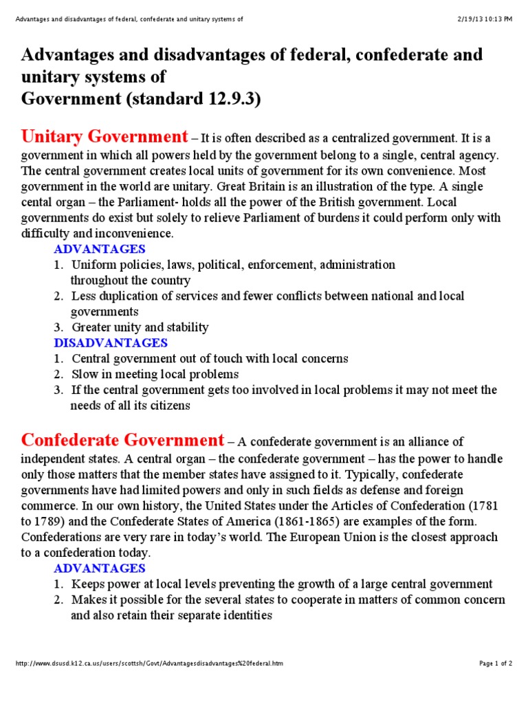 S1i PDF Advantages and Disadvantages of Federal Confederate and Unitary