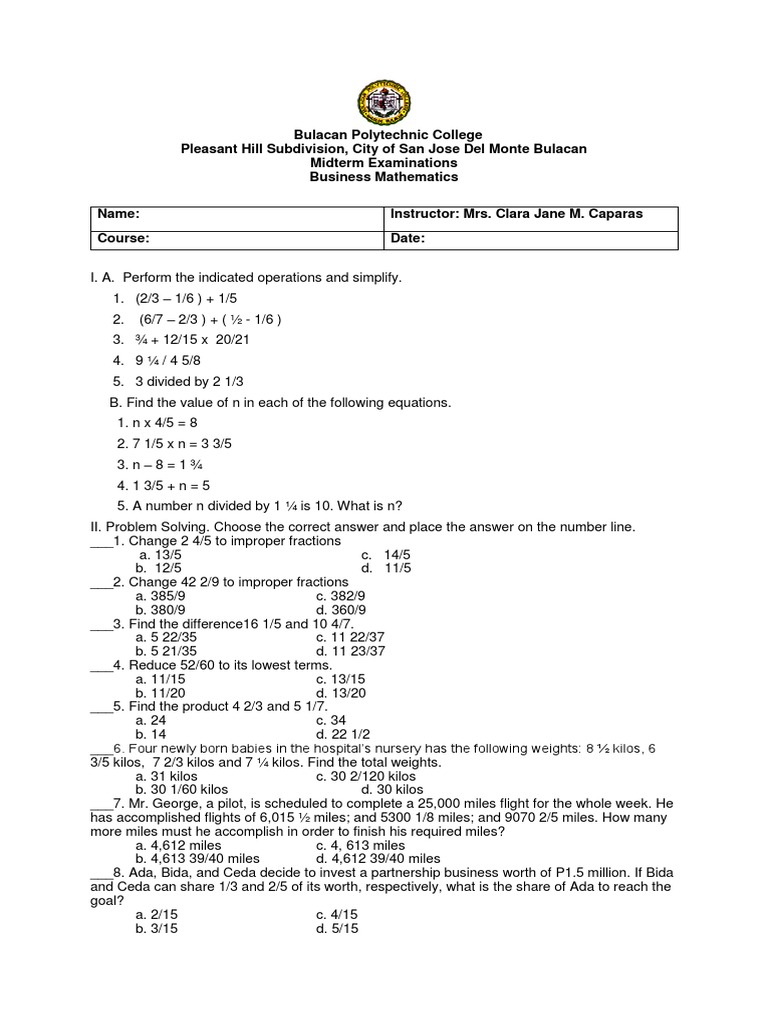 BPC Midterm Exam Math Hrs 2019 | PDF | Test (Assessment) | Teaching ...