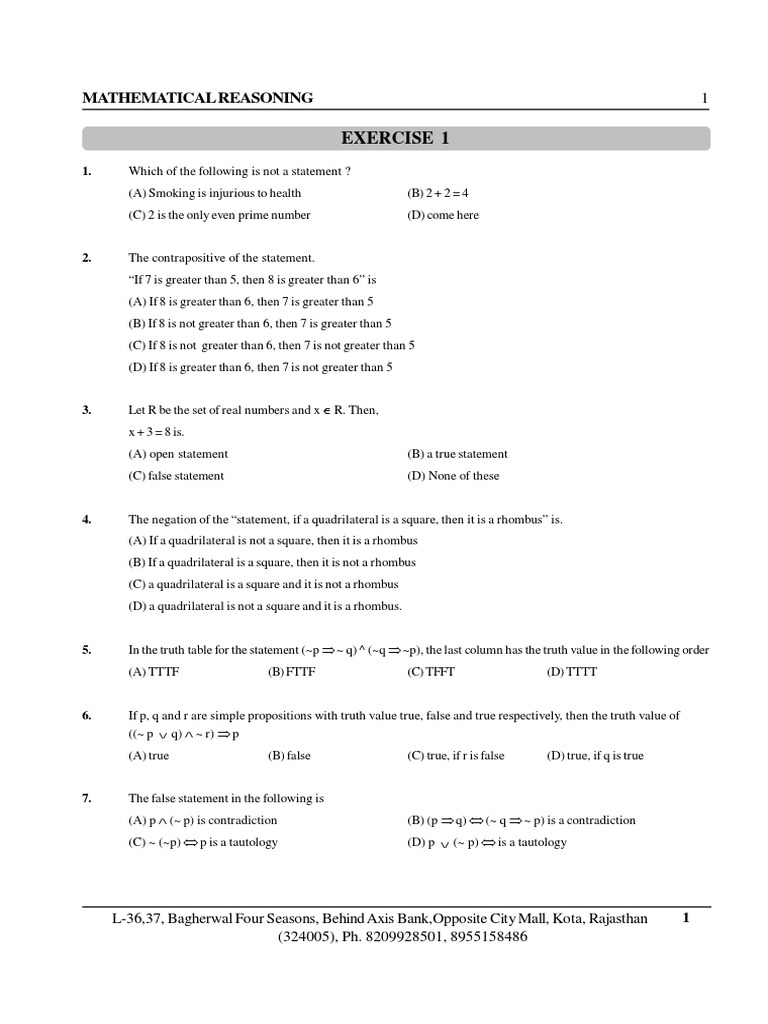 Mathematical Reasoning Exercises | PDF | Contradiction | Reasoning