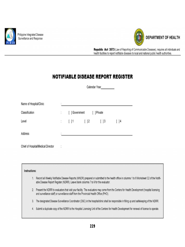 Z Notifiable Diseases Report Register From PIDSR MOP 2nd Ed PDF PDF