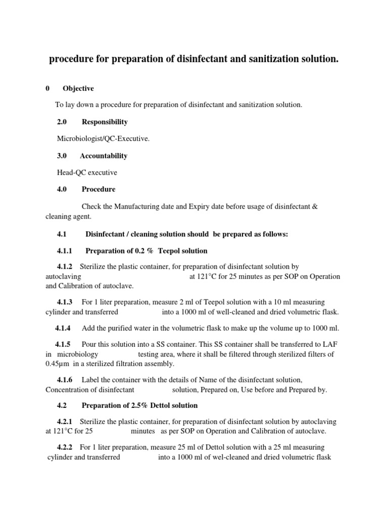 procedure for preparation of disinfectant and sanitization solution