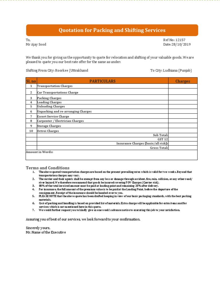 Packers and Movers Quotation Format PDF Insurance Services